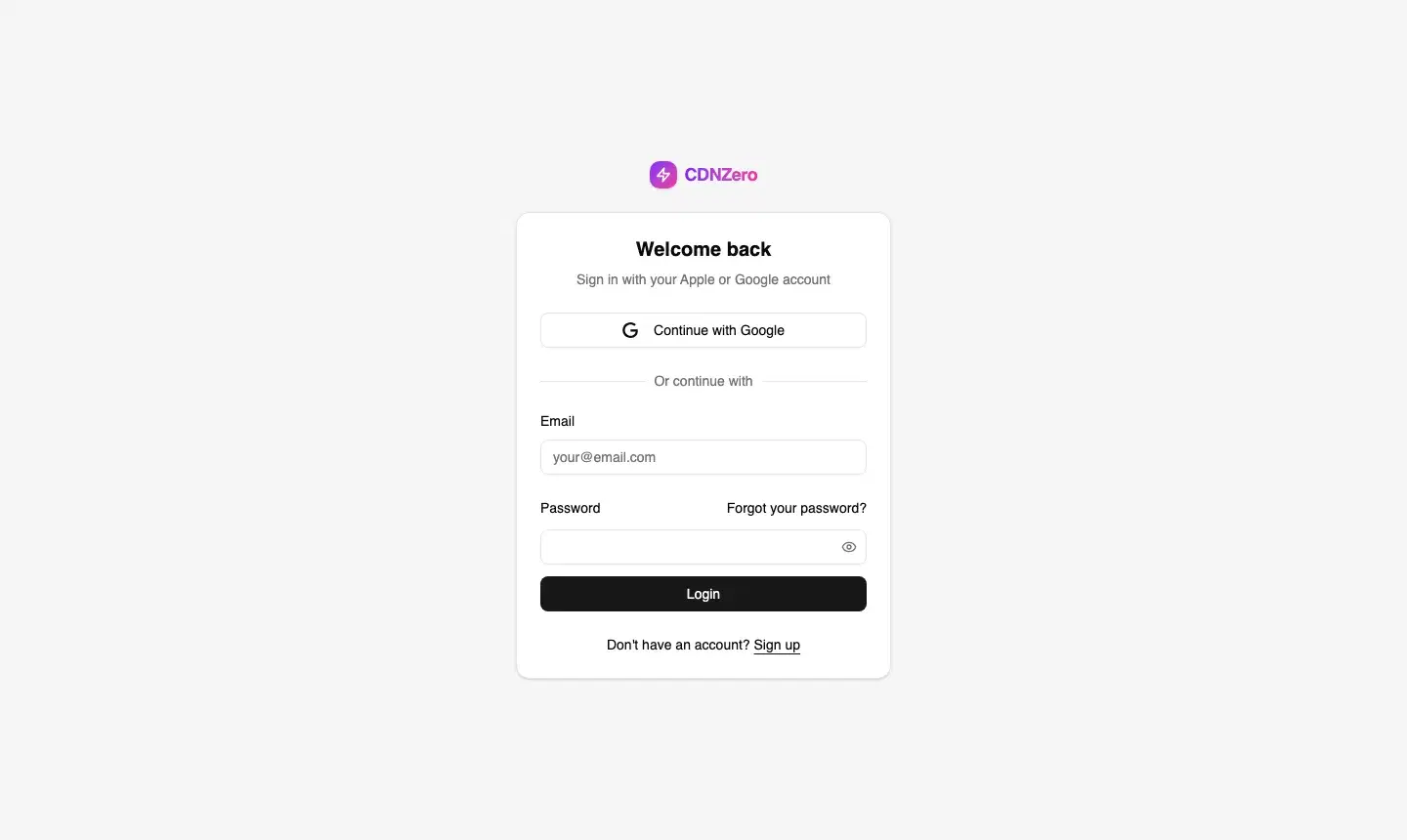 CDNZero sign in page